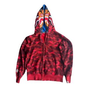 A Bathing Ape Red Camo Captain America Shark Fleece Full Zip Hoodie Size Medium